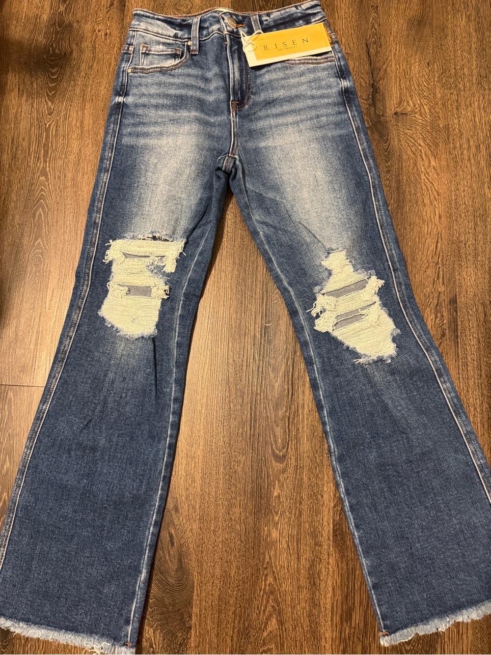 Risen Women's Distressed Flare Jeans - Medium Blue